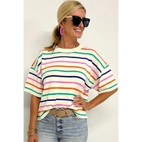 Beige Stripe Dropped Short Sleeve Boxy Fit Knitted Top - L thumbnail