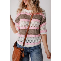 Brown Stripe Color Block Hollow Out Crochet Half Sleeve Sweater - L thumbnail