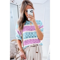 Purple Stripe Color Block Hollow Out Crochet Half Sleeve Sweater - M thumbnail