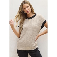 Light French Beige Contrast Trim Round Neck Batwing Sleeve Sweater Top - XL thumbnail