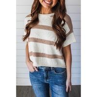 Khaki Stripe Dropped Short Sleeve Lightweight Knitted Top - L thumbnail