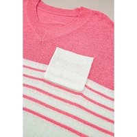 Strawberry Pink Contrast Stripes V Neck Knitted Short Sleeve Top - M thumbnail