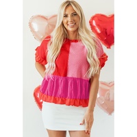 Tomato Red Mix Knitted Patchwork Ruffle Trim Loose Sweater - S thumbnail