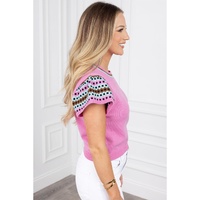 Bright Pink Contrast Printed Cap Sleeves Crewneck Sweater - S thumbnail