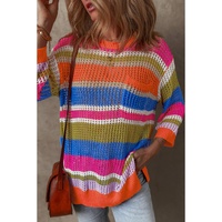Orange Stripe Colorblock Hollowed Crochet 3/4 Sleeve Sweater - S thumbnail