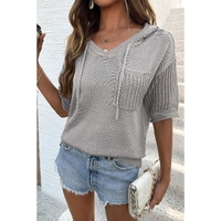 Light Grey Openwork Drawstring Hooded Short Sleeve Sweater Top - XL thumbnail
