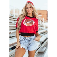 Red Sequin Rugby Color Block Puff Short Sleeve Sweater - S thumbnail