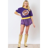 Purple Sequin Rugby Color Block Puff Short Sleeve Sweater - M thumbnail