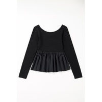 Black Ribbed Knit Long Sleeve Scoop Neck Peplum Patchwork Top - L thumbnail