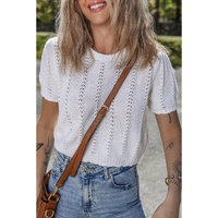 White Pointelle Knit Short Puff Sleeve Crewneck Sweater - M thumbnail