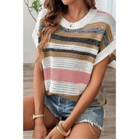 Pink Stripe Color Block Eyelet Knit Short Sleeve Sweater Tee - XL thumbnail