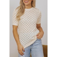 Beige Hollow Out Crochet O Neck Short Sleeve Sweater Tee - M thumbnail