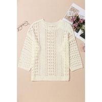 Azura Exchange White Hollow Out Knit Bracelet Sleeve Drop Shoulder Sweater - L thumbnail
