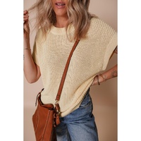 Oatmeal Solid Color Batwing Short Sleeve Round Neck Knit T Shirt - S thumbnail