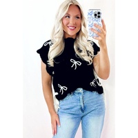 Black Bow Print Side Ties Scalloped Hem Sweater T Shirt - L thumbnail