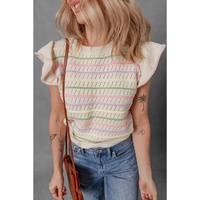 Oatmeal Colorful Striped Eyelet Knit Ruffled Sleeve Sweater T Shirt - L thumbnail
