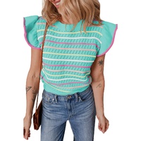 Green Colorful Striped Eyelet Knit Ruffled Sleeve Sweater T Shirt - M thumbnail