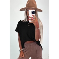 Black Solid Color Sweater Tee with Side Slits - S thumbnail