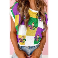 Tillandsia Purple Sequin Mardi Gras Fleur de Lis Color Block Sweater T Shirt - M thumbnail