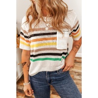White Striped Pocketed Loose Fit Crewneck Knitted T Shirt - M thumbnail