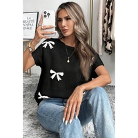 Black Bow Pattern Knit Short Sleeve Sweater - XL thumbnail