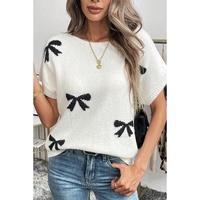 Black Bow Pattern Knit Short Sleeve Sweater - L thumbnail