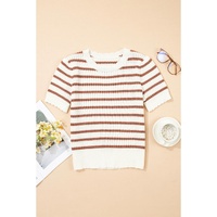 Khaki Stripe Scalloped Round Neck Short Sleeve Sweater - XL thumbnail