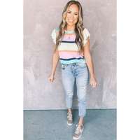 Multicolour Striped Color Block Flutter Sleeve Patchwork Sweater Top - M thumbnail