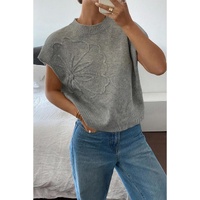 High Flower Pattern Ribbed Trim Short Sleeve Boxy Sweater - XL thumbnail