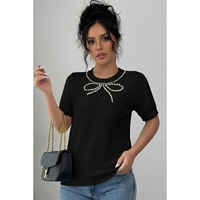 Black Pearl Bow Necklace Embellished Short Sleeve Knitted T Shirt - L thumbnail