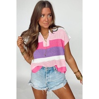 Pink Color Block Notch V Neck Sweater T Shirt - M thumbnail