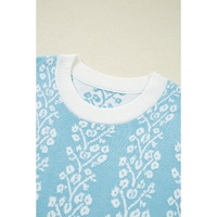 Sky Blue Contrast Floral Crewneck Short Sleeve Sweater - S thumbnail