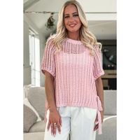 Pink Hollow-out Crochet Side Tied Short Sleeve Sweater - L thumbnail