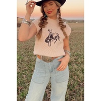 Oatmeal HOWDY Rodeo Cowboy Graphic High Neck Short Sleeve Sweater - S thumbnail