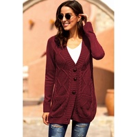 Burgundy Front Pocket and Buttons Closure Cardigan - 2XL thumbnail