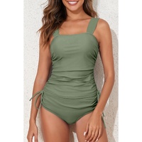 Mist Green Drawstring Ruched Wide Straps Tankini Set - M thumbnail
