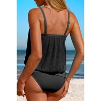 Black Striped Mesh Knotted Hem Tankini Swimsuit - S thumbnail