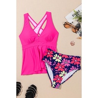Rose V Neck Ruffled Hem Floral Bottom Tankini Set - M thumbnail