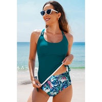 Sea Green Drawstring Tummy Control Mix-and-match 2pcs Tankini Swimsuit - L thumbnail