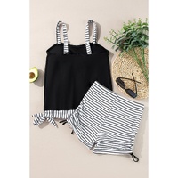 Black Striped Patchwork Side Drawstring Bottoms Tankini Set - S thumbnail