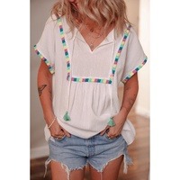 White Colorful Fringed Detail Tassel Tie Neck Short Sleeve Blouse - M thumbnail