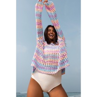 Purple Multi Stripe Open Knit Sweater Beach Cover Up - M thumbnail