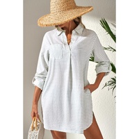 White Stripe Collared V Neck Chest Pocket Long Sleeve Beach Cover up - M thumbnail
