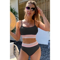 Black Striped Patchwork Spaghetti Strap High Waist Bikini Swimsuit - S thumbnail