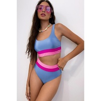 Light Blue Colorblock High Waisted Bikini Swimsuit - L thumbnail