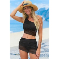 Black Pleated Mesh One Shoulder Bikini Top and Skirts Set - L thumbnail