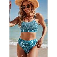 Blue Floral Print Smocked Cute Bikini Set - L thumbnail