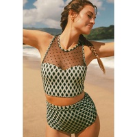 Green Dotted Mesh Plaid Patchwork High Waisted Bikini - L thumbnail
