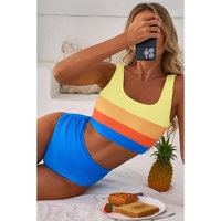 Blue Colorblock Square Neck Top Pleated High Waisted Bikini - M thumbnail