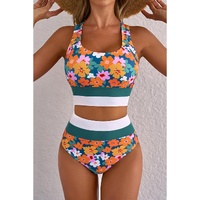Green Floral Print Racerback Cutout High Waist 2pcs Bikini - L thumbnail